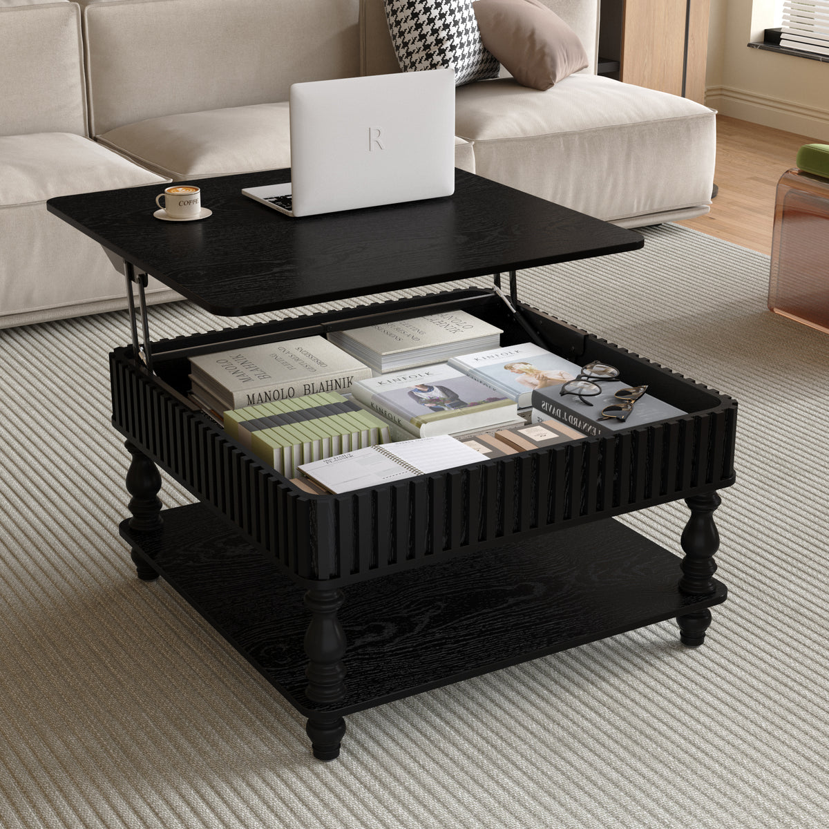 Black Fluted Square Lift-Top Coffee Table with Shelf, 31.5 in