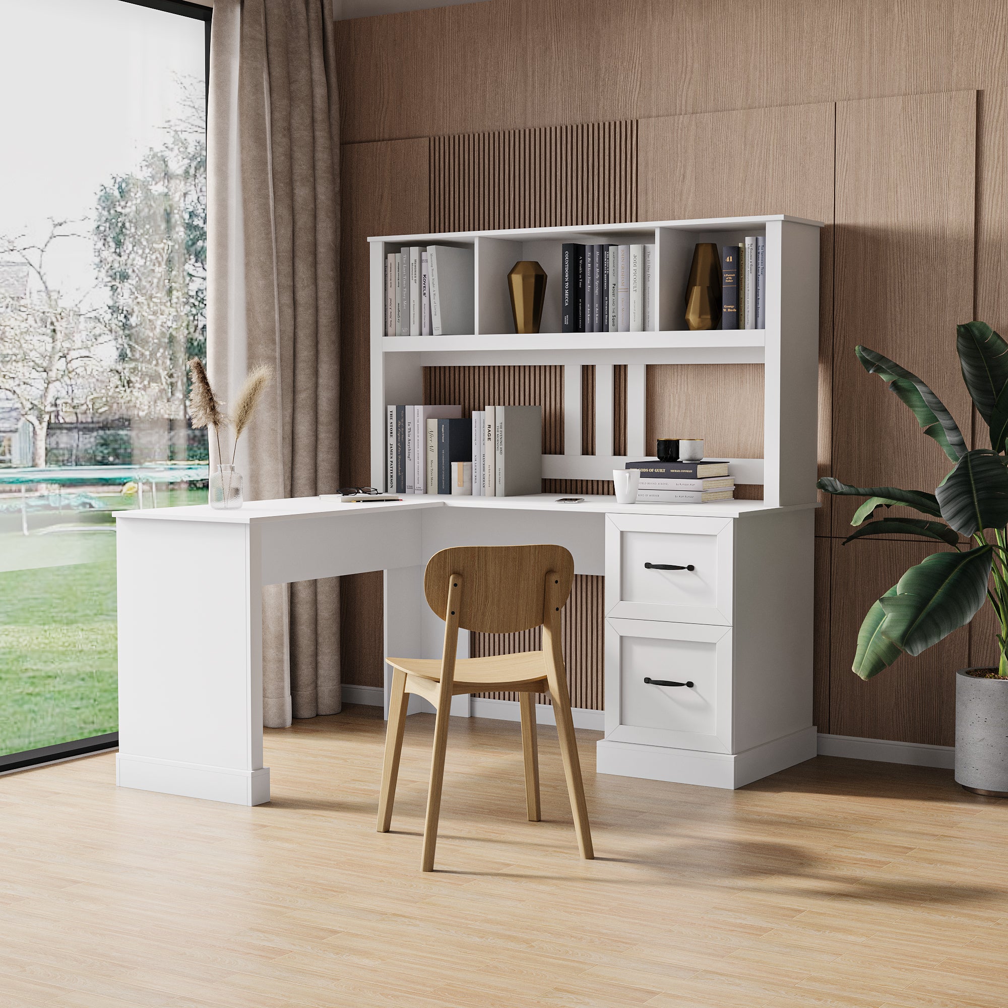 Computer Desk with Hutch, 2 Tiers, 59.8 in, White