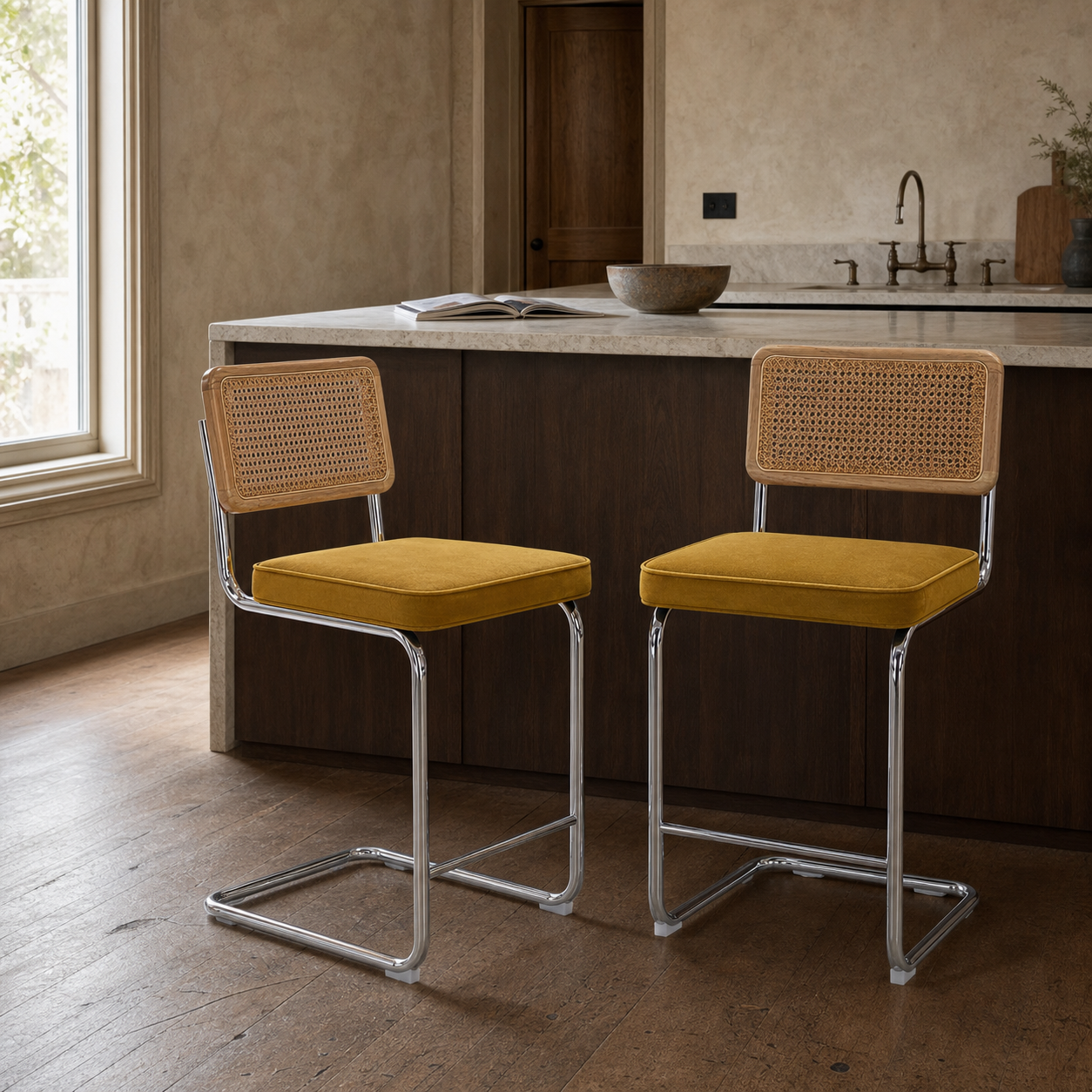 Rattan Counter Stools Set of 2 – Stainless Steel Legs & Yellow Velvet