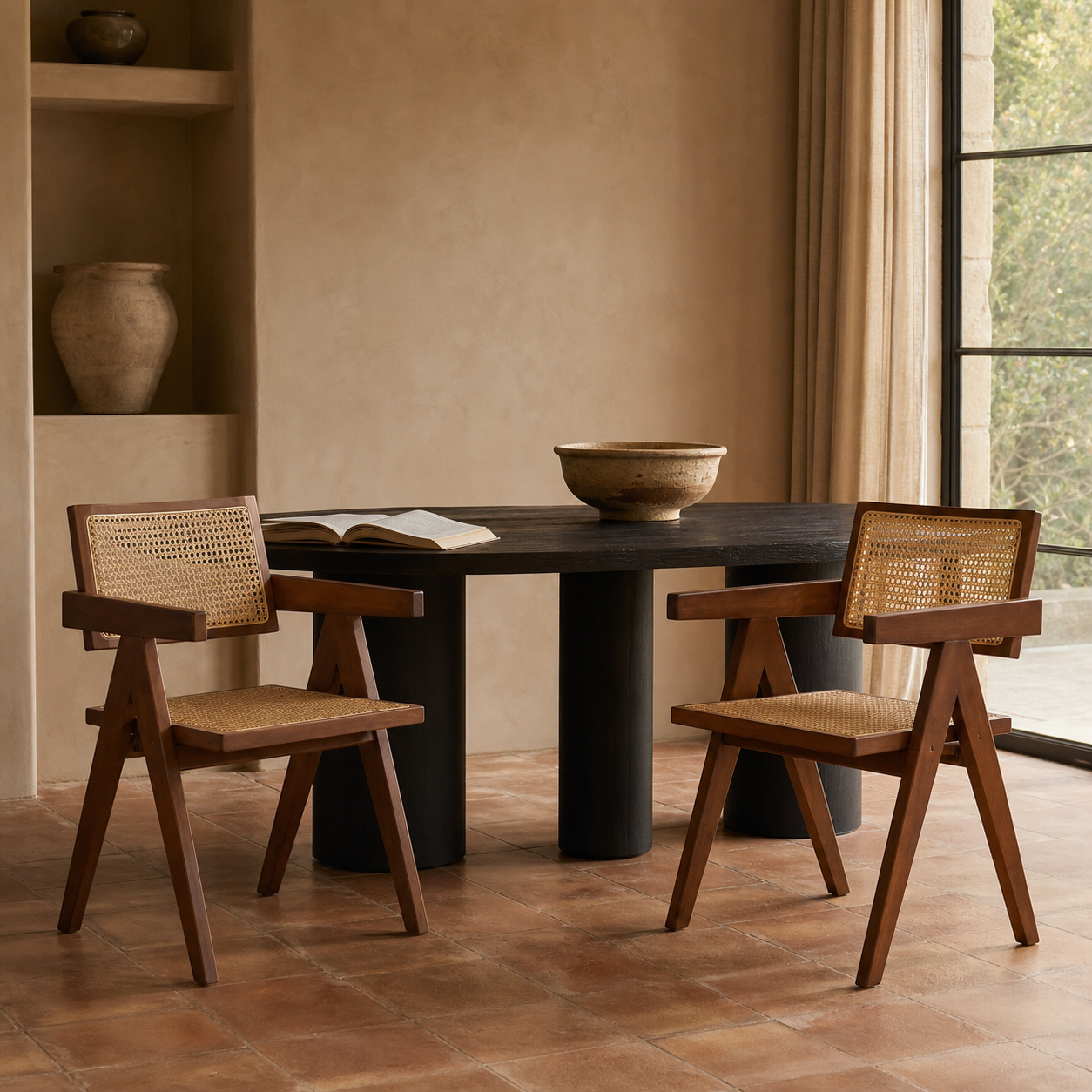 Rattan Dining Chairs – Set of 2, Solid Wood & Walnut Stain