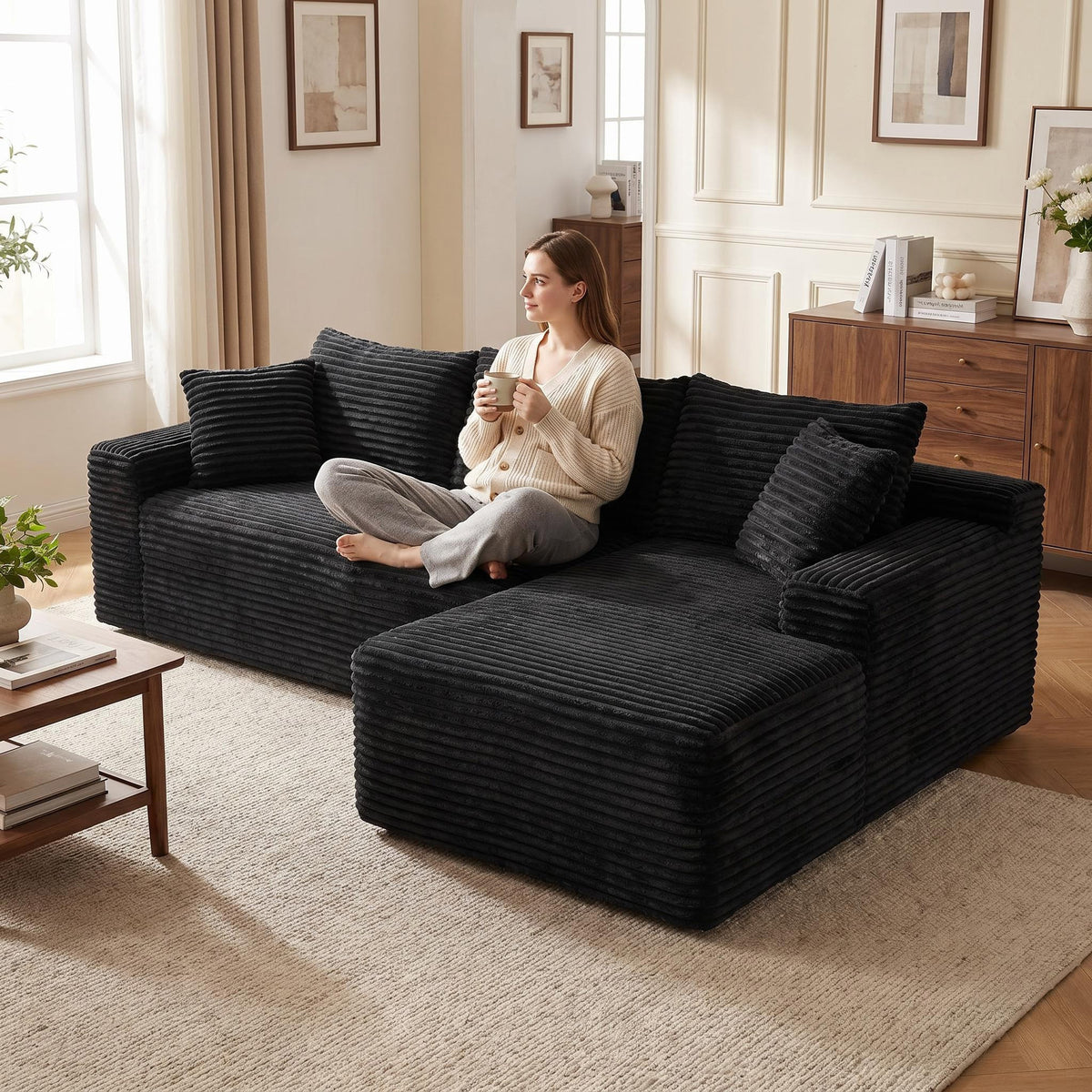 Black Corduroy L-Shaped Modular Sectional, 94.5 in Wide, Right-Facing