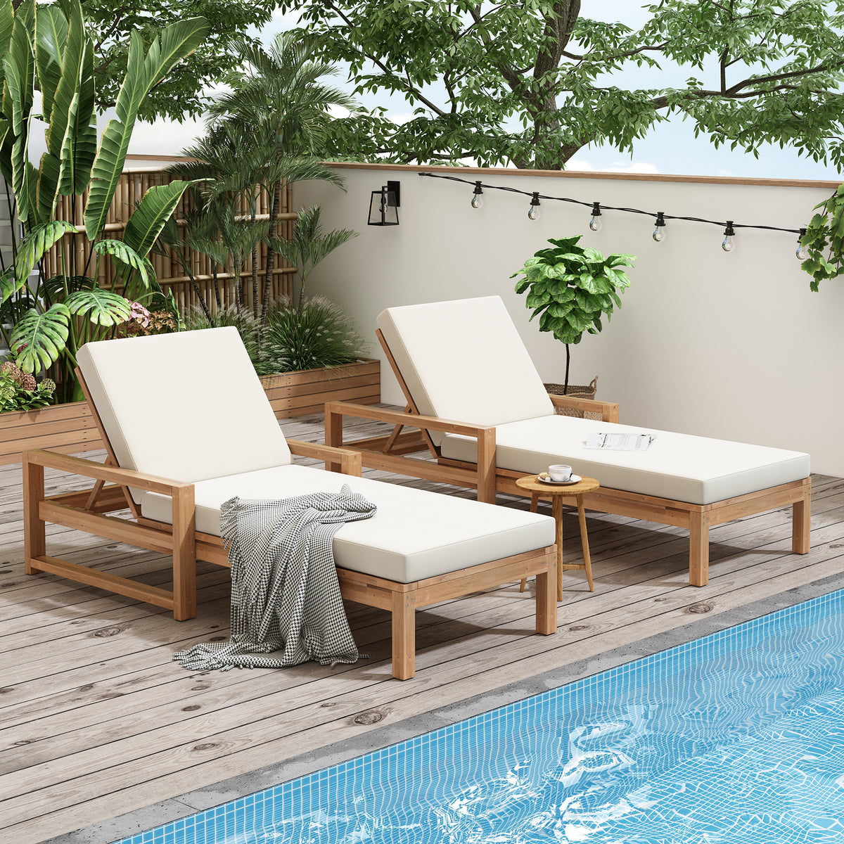 Light Teak Finish Adjustable Outdoor Chaise Lounge with Cushions, Set of 2