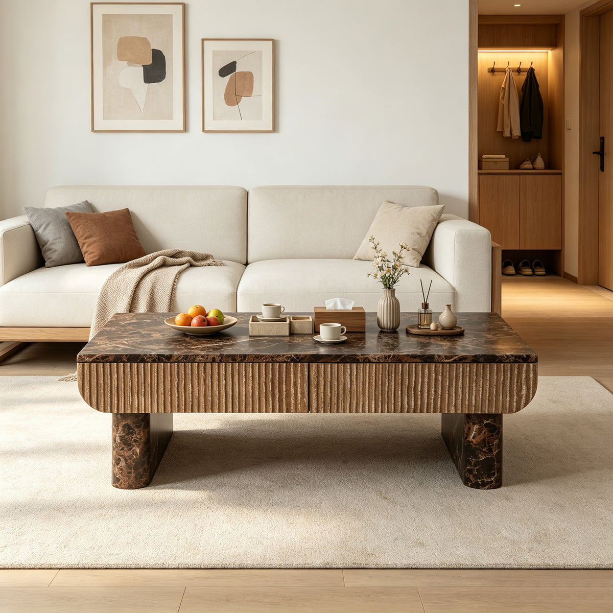 Brown Faux Marble Fluted Coffee Table with Storage, 46.8 in
