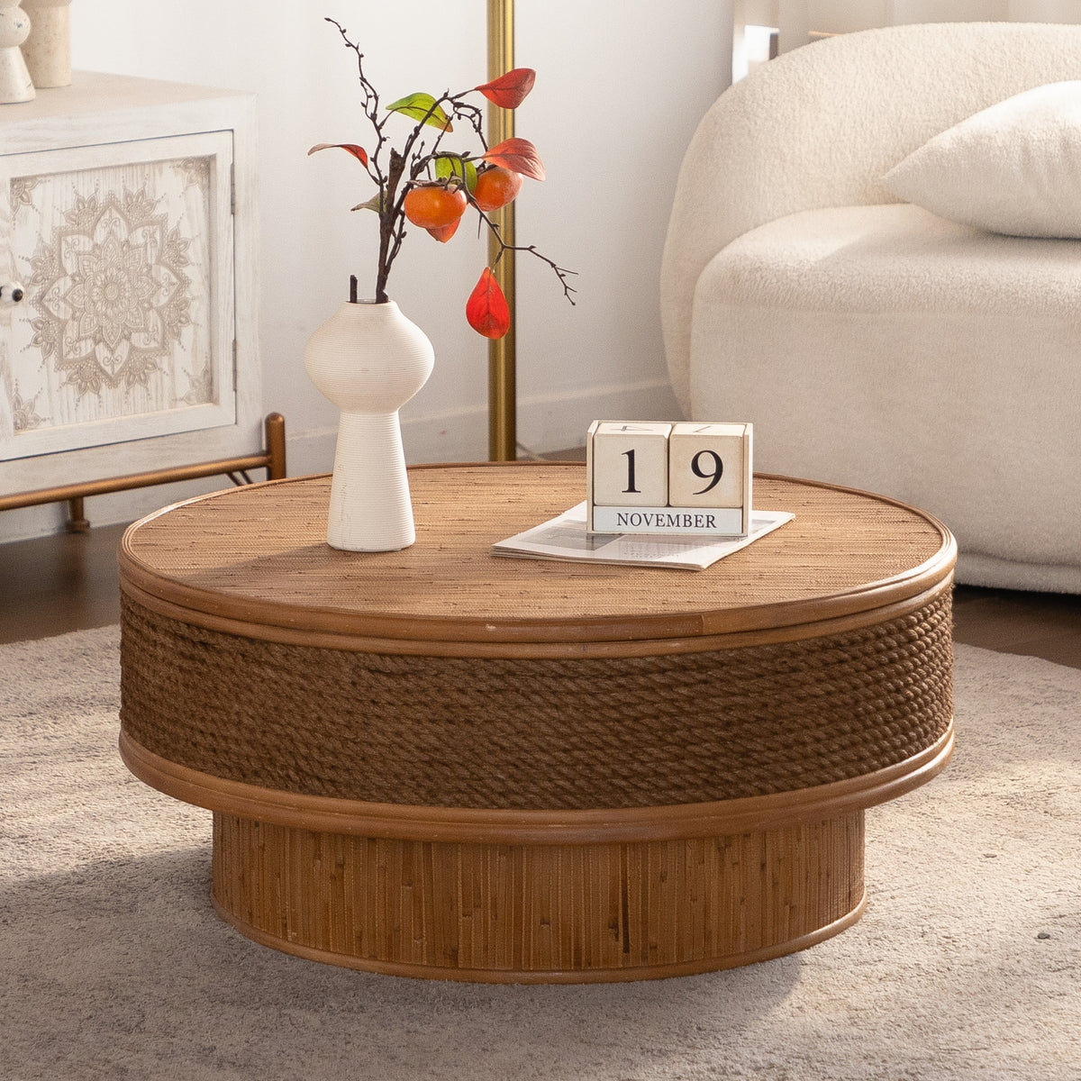 Natural Rope and Rattan Round Drum Coffee Table with Storage, 31.5 in