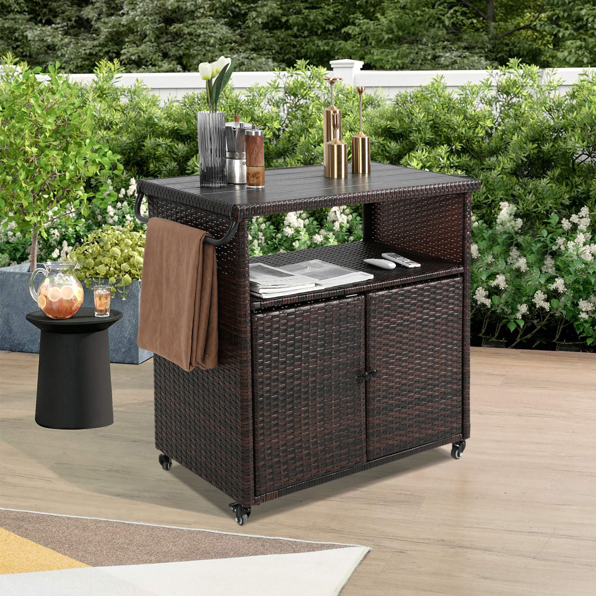 Light Brown Wicker Outdoor Bar Cart with Wheels