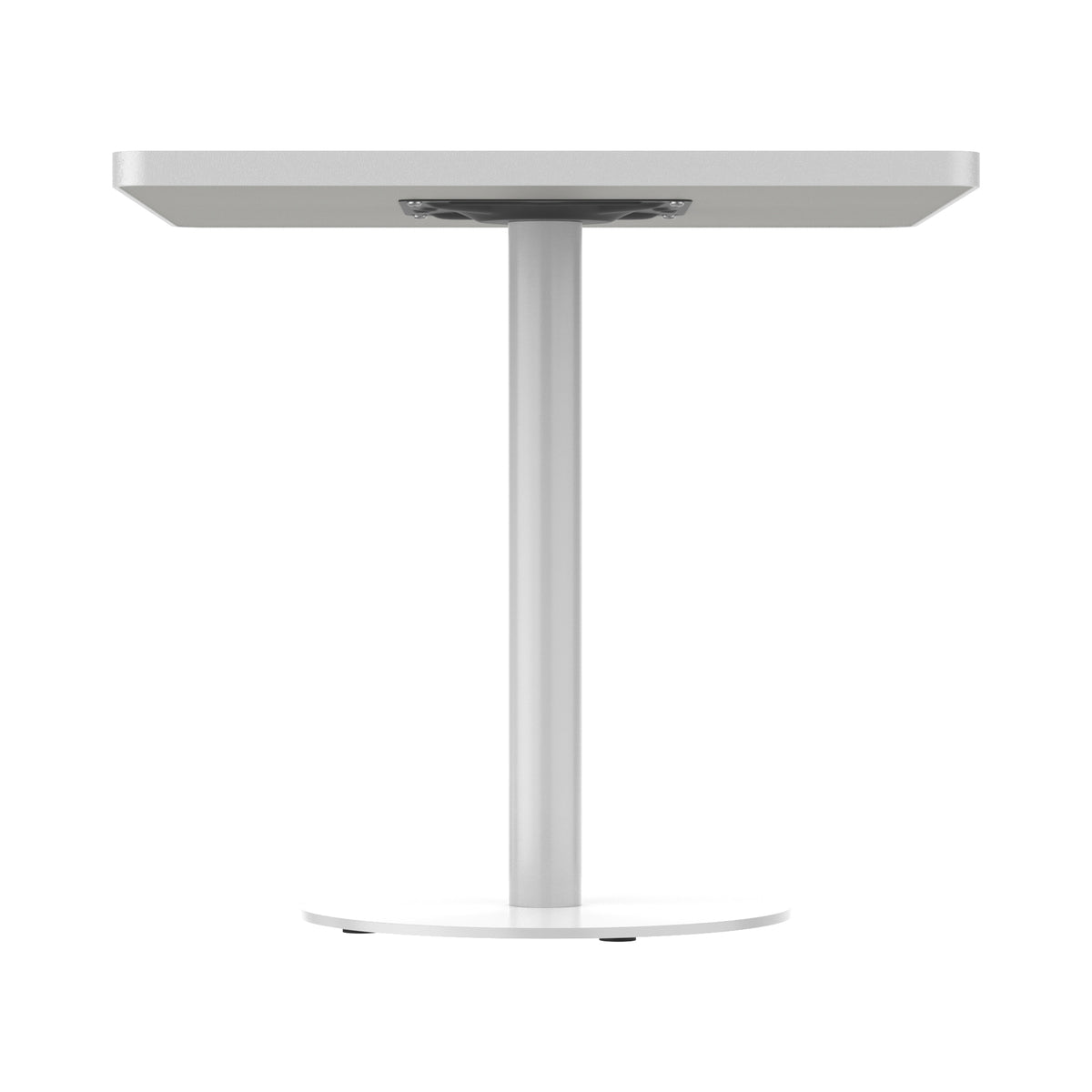 Side view of white square dining table showing white column and underside mounting bracket