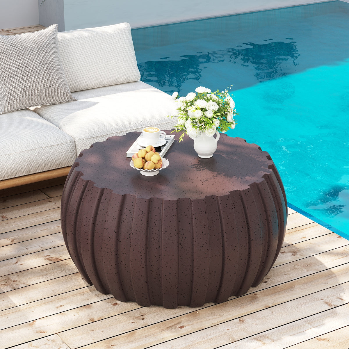 Brown Fluted Round Indoor Outdoor Coffee Table, 35.4 in