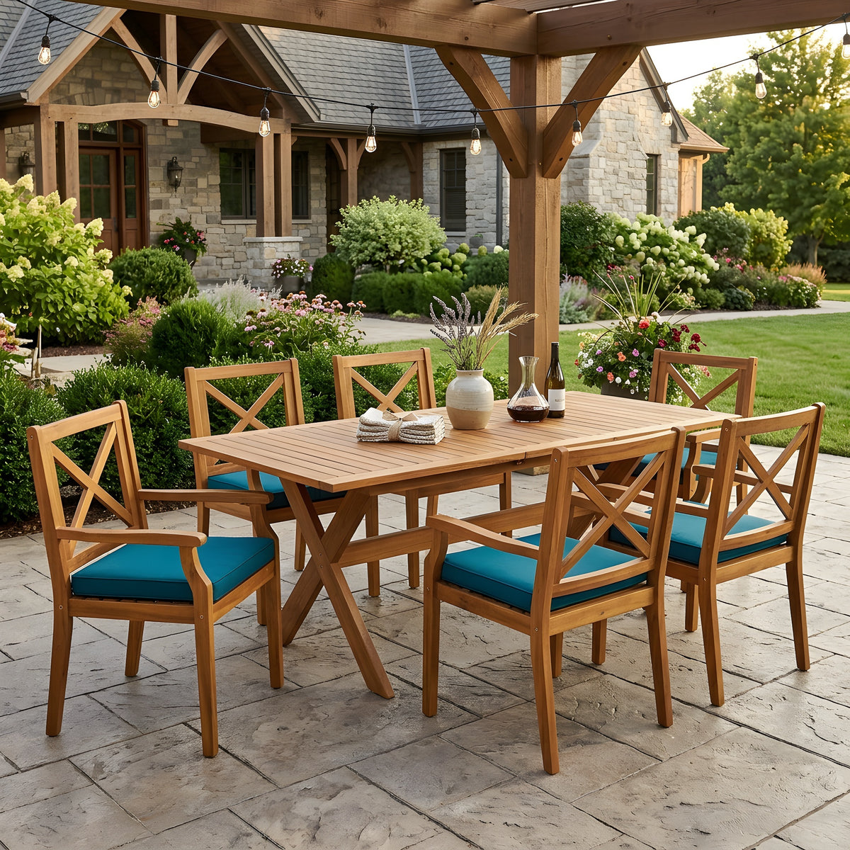 Teak Finish Solid Wood 7-Piece Patio Dining Set for 6 with Blue Cushions