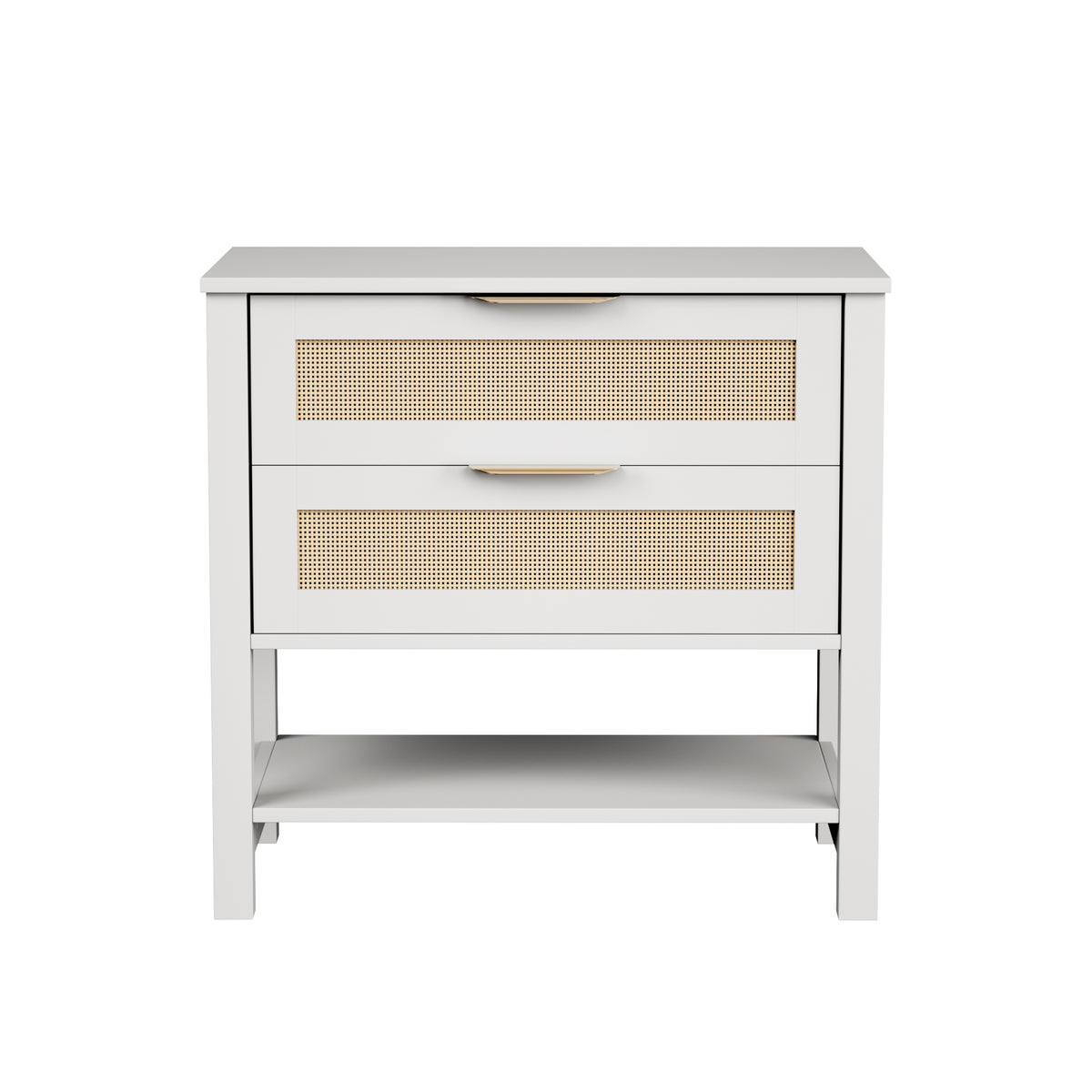 Rattan Nightstand with 2 Drawers and Open Storage Shelf, White