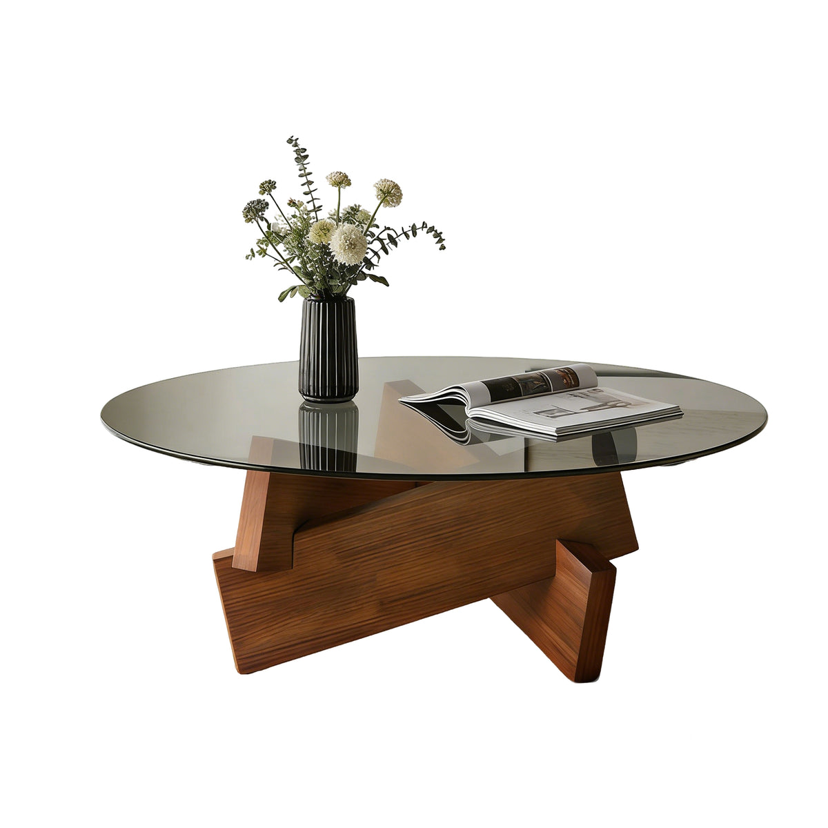Walnut Glass-Top Sculptural Round Coffee Table, 31.5 in
