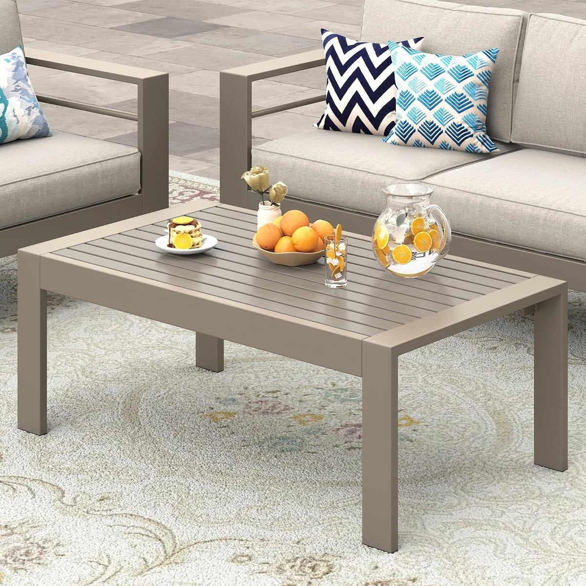 Khaki Metal Rectangular Outdoor Coffee Table, 41.7 in Wide