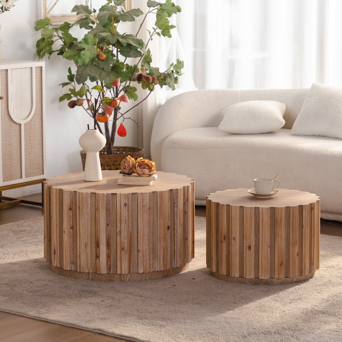 Natural Slatted Round Drum Coffee Table, Set of 2