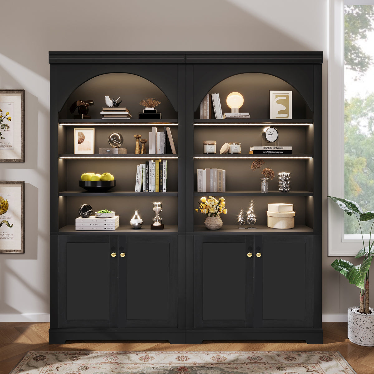 Modern Bookcase, 4 Doors, LED Lighting, 70.8 in Tall, Black