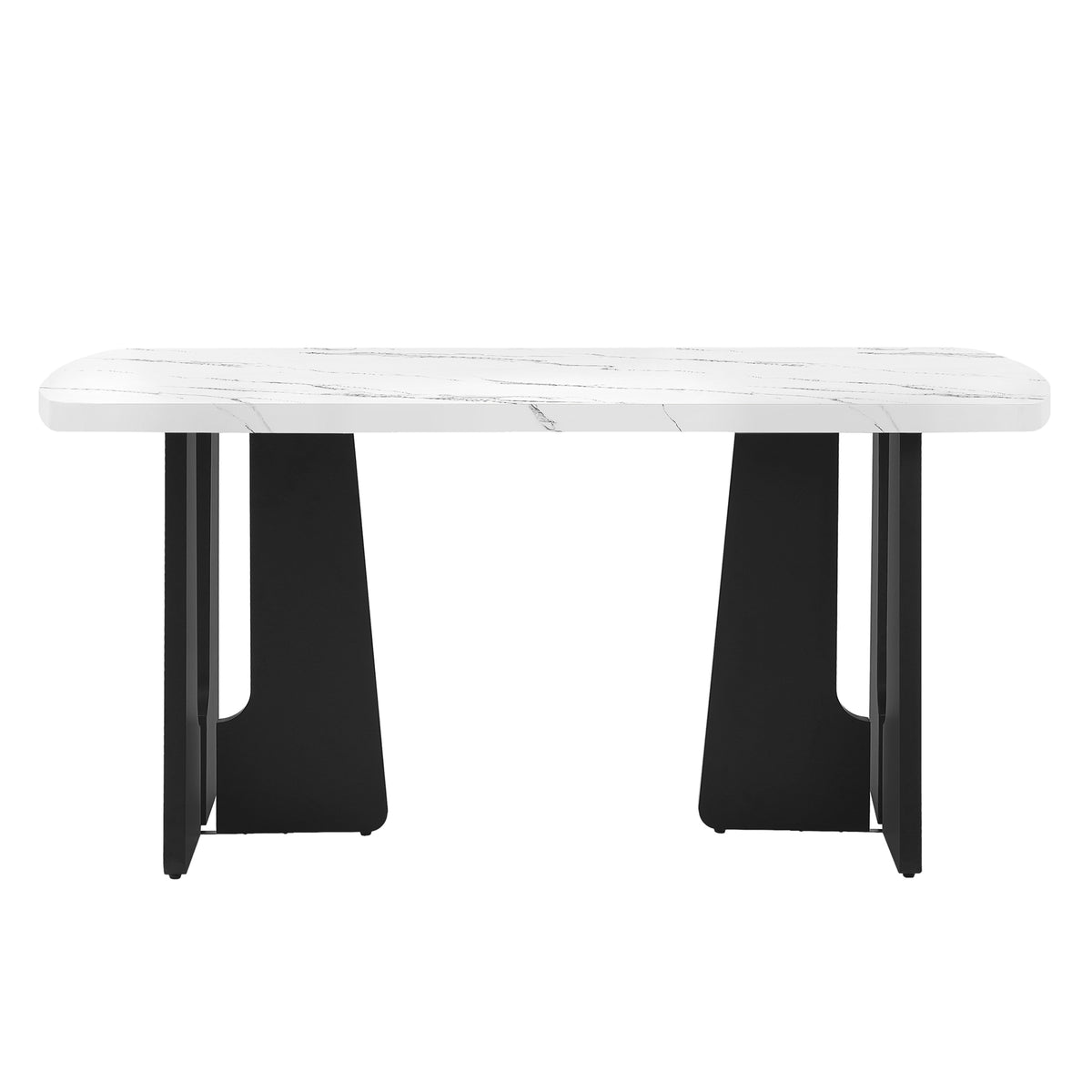 Front elevation of the faux marble dining table with black geometric legs, plain white background