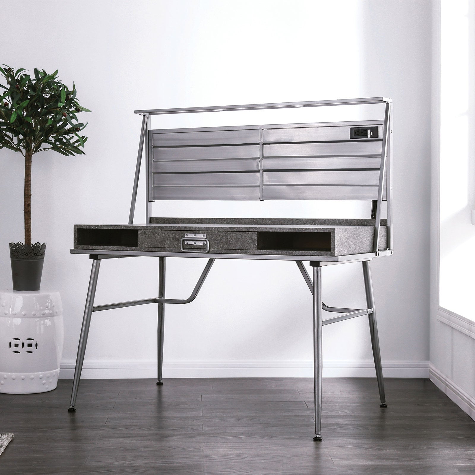 Industrial Metal Computer Desk with Charging Station, 1 Drawer