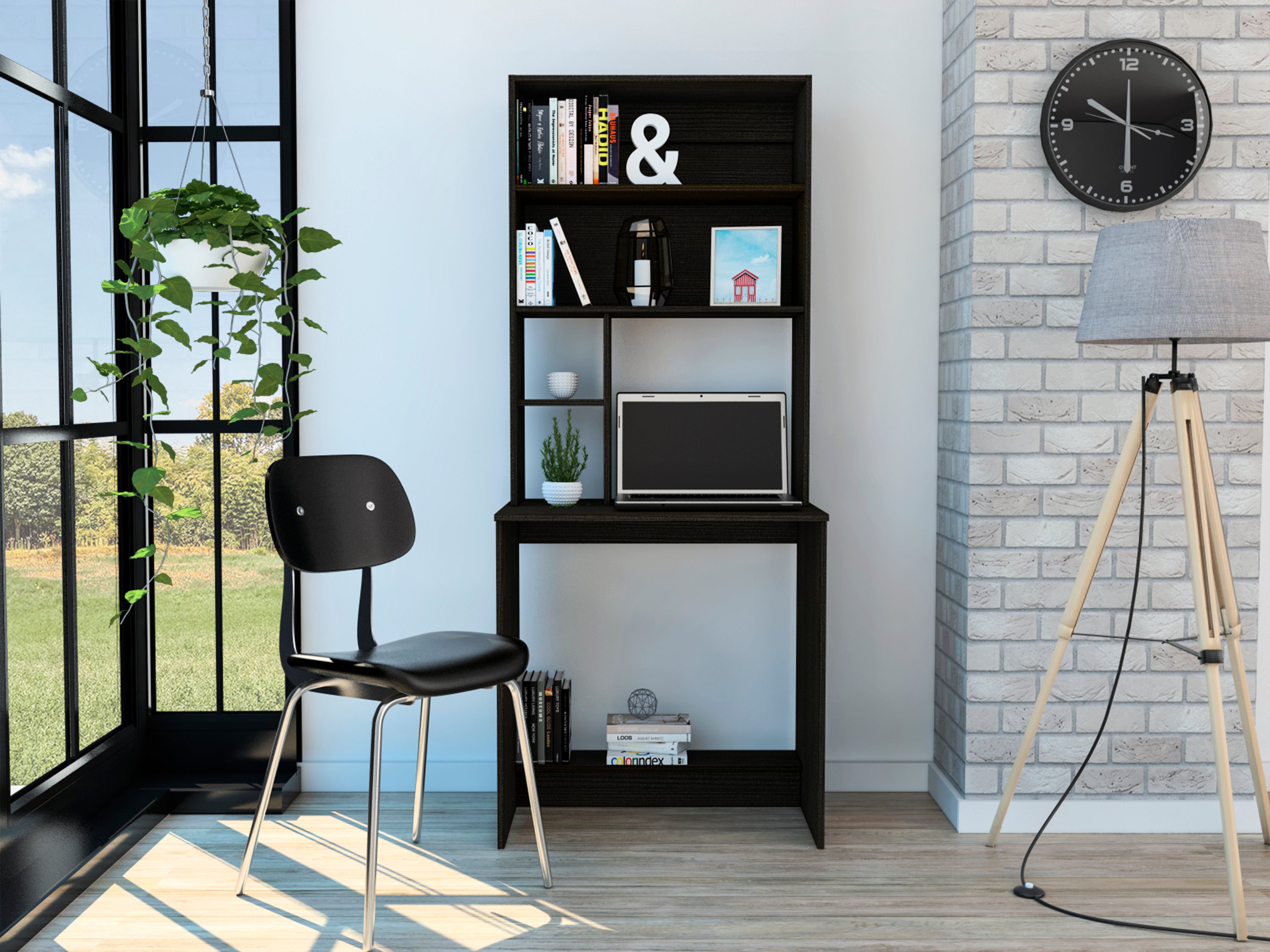 Modern Computer Desk with Hutch, 4 Shelves, 29.6 in, Wenge