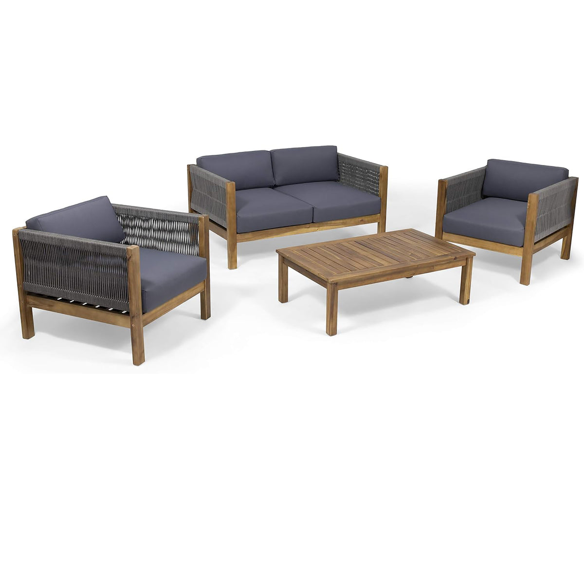 Teak Finish Solid Wood Patio Conversation Set for 4 with Cushions
