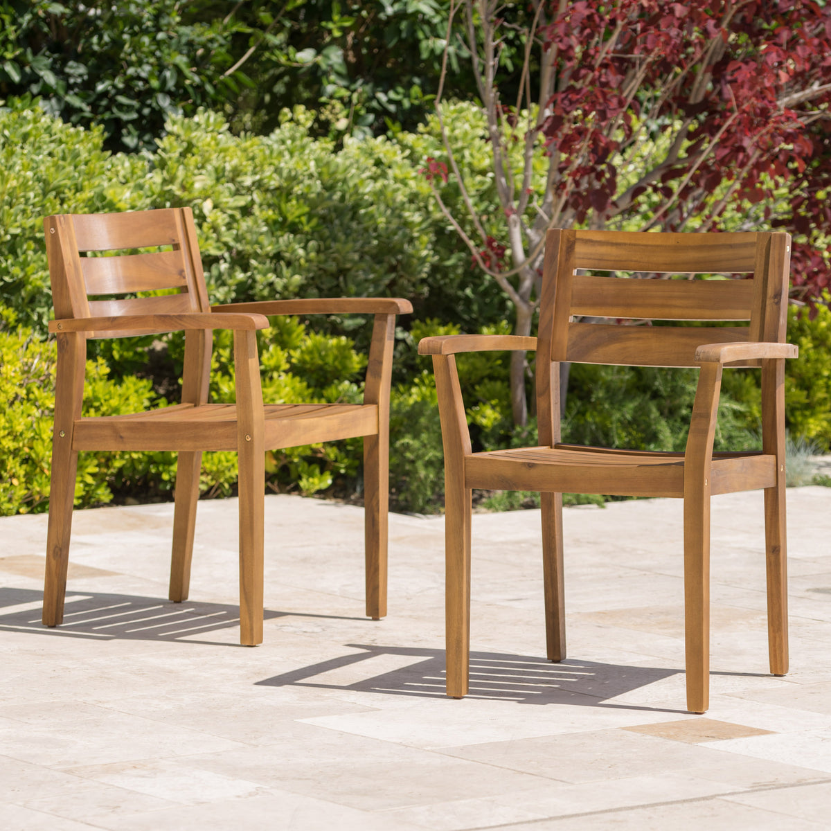 Teak Finish Solid Wood Outdoor Dining Chair, Set of 2, with Arms, 33 in Tall