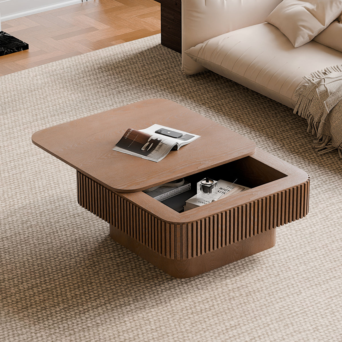 Walnut Fluted Square Pedestal Coffee Table with Storage, 31.5 in