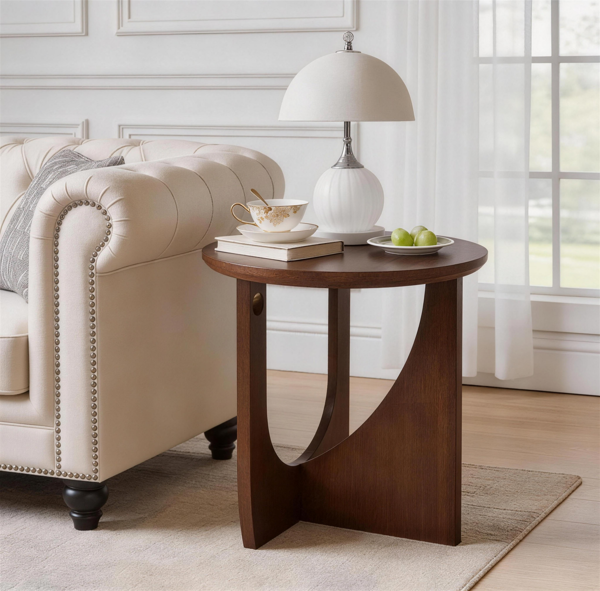 Walnut Solid Wood Round Sculptural Side Table, 19.7 in