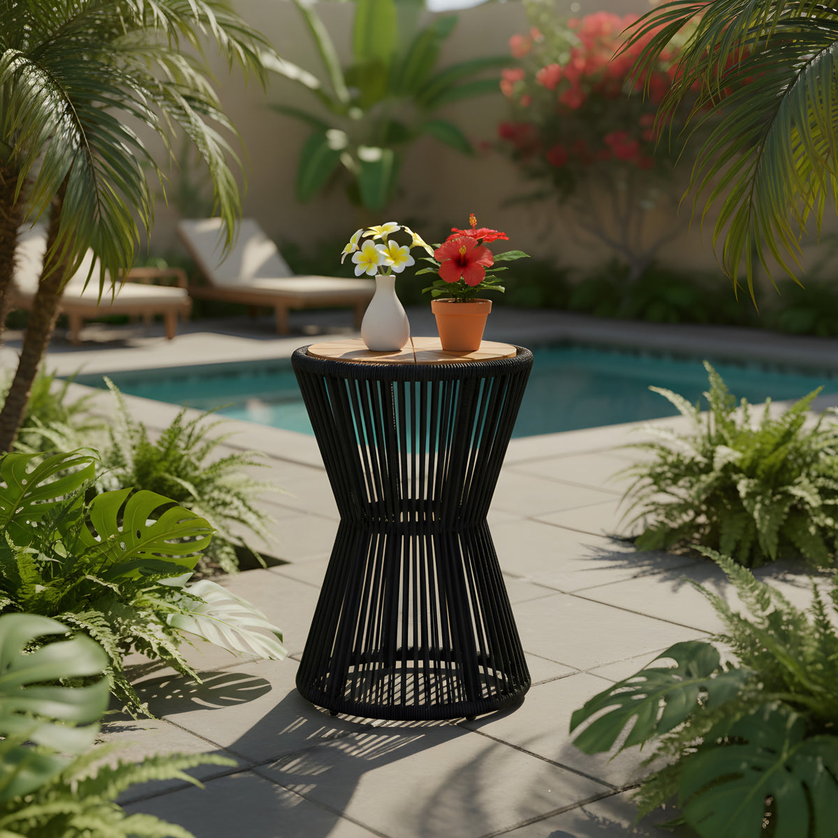 Black Outdoor Side Table, Rope Weave, 25.8 in Tall
