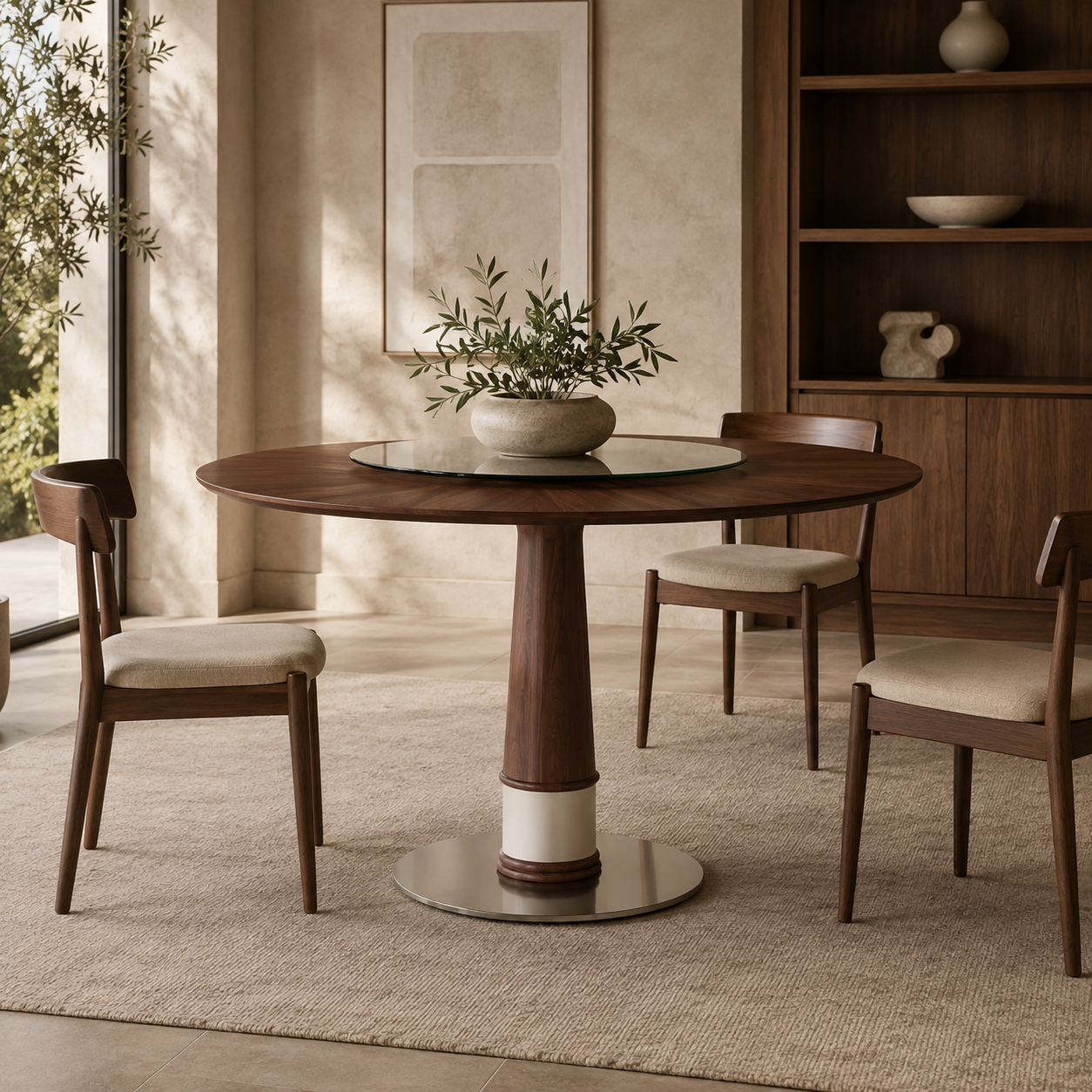 Solid Wood Round Dining Table, Walnut - Glass Lazy Susan