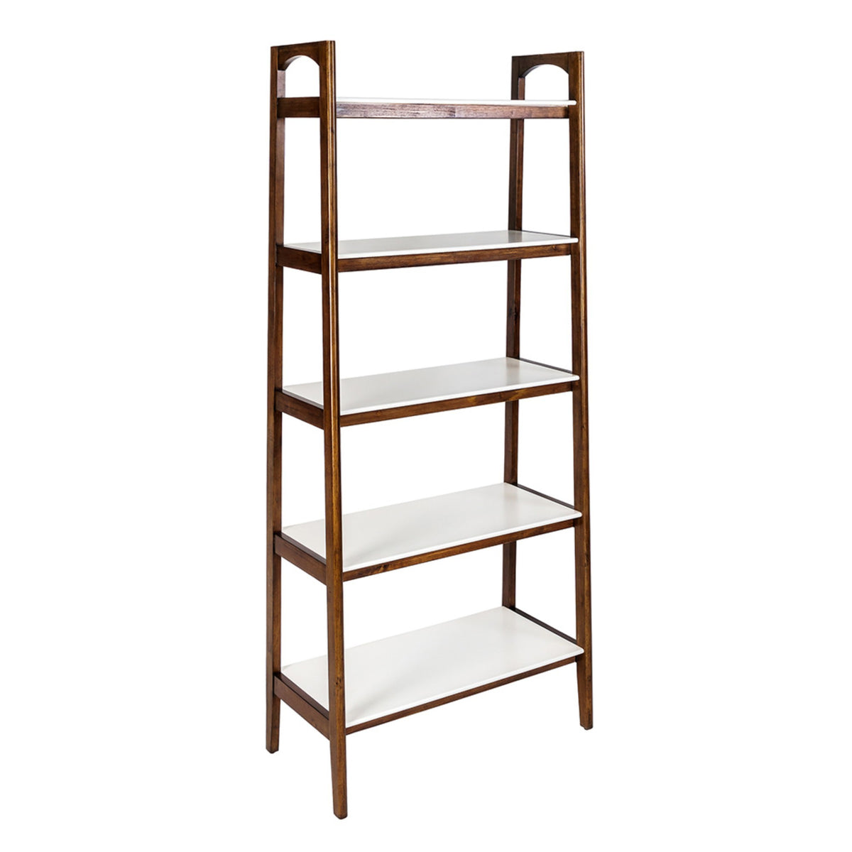 Mid-Century Solid Wood Bookcase, 5 Shelves, 73 in Tall, White