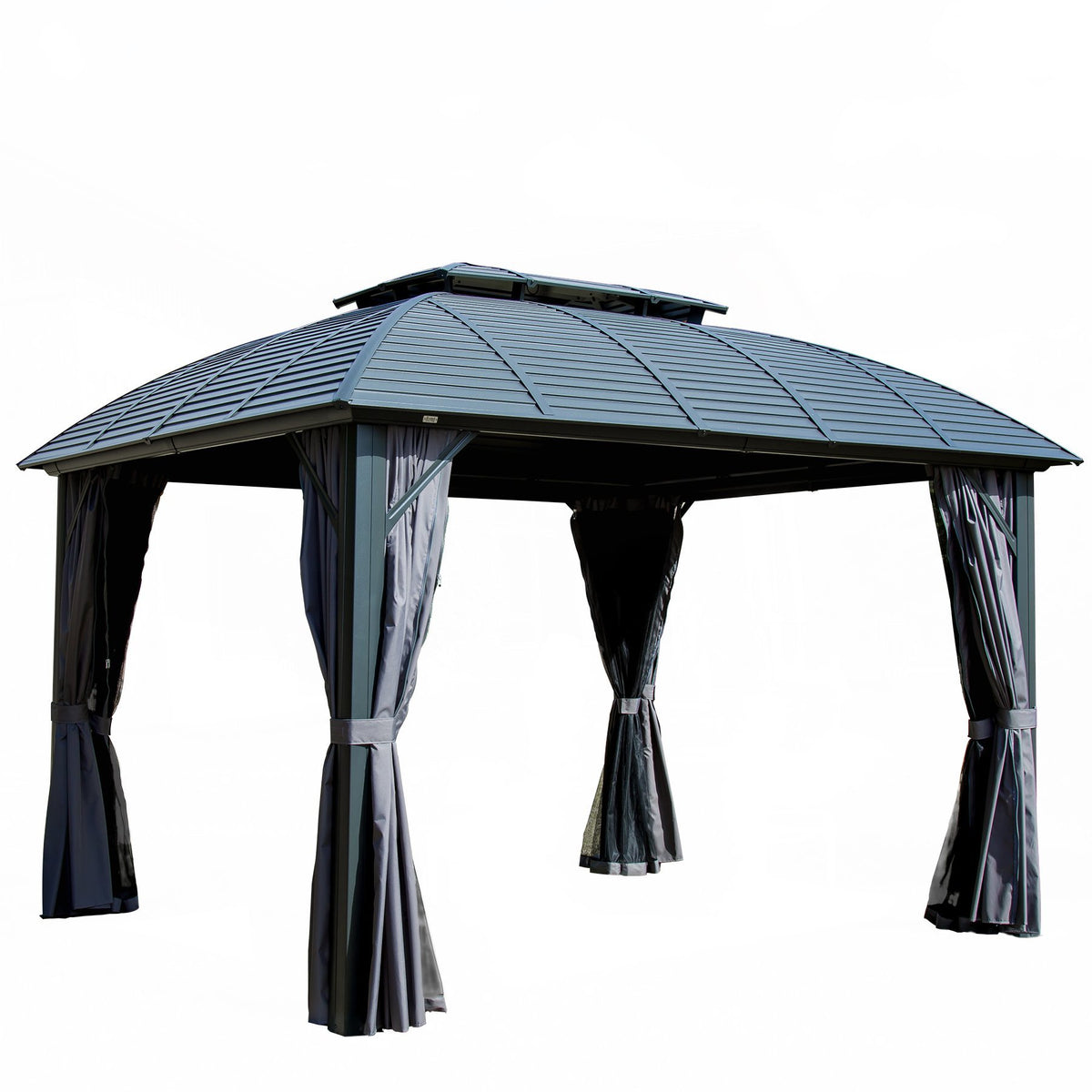 10x12 ft Black Aluminum Double Roof Hardtop Gazebo with Netting and Curtains