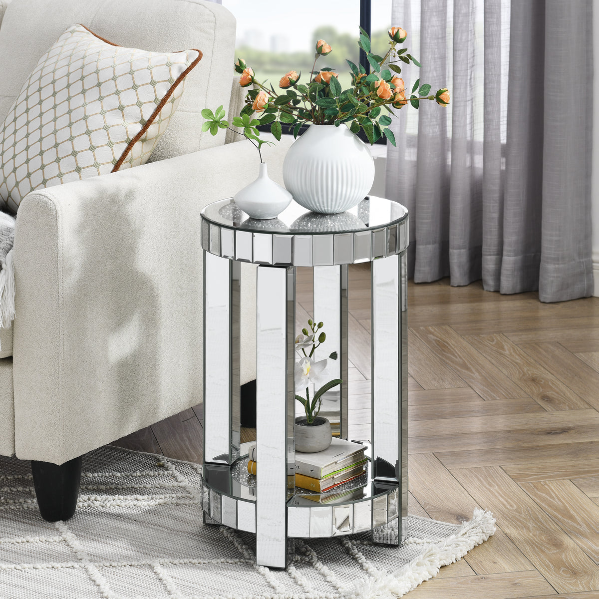 Silver Mirrored Round Two-Tier Side Table, 13.8 in