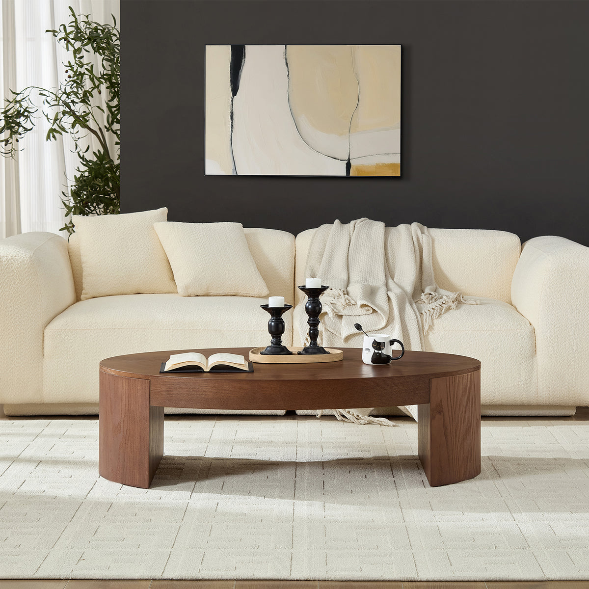 Walnut Curved Panel Leg Oval Coffee Table, 47.2 in