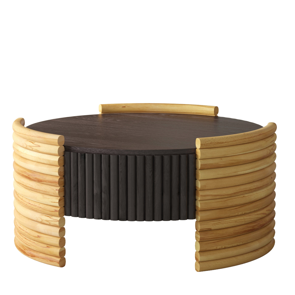 Dark Brown and Natural Fluted Round Coffee Table with Storage, 31.5 in