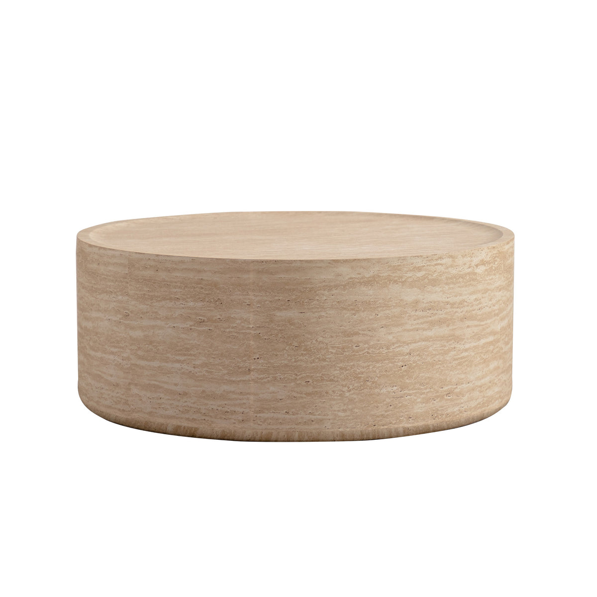 Beige Travertine-Look Round Drum Coffee Table, 31.5 in, 12.4 in Tall