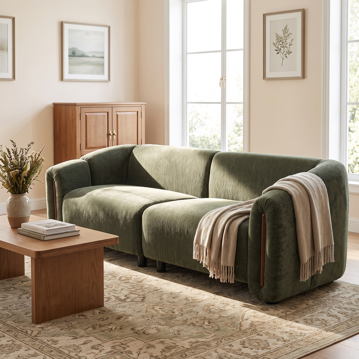 Green Modular 3-Seat Curved Sofa, Deep Seat, 87.4 in Wide
