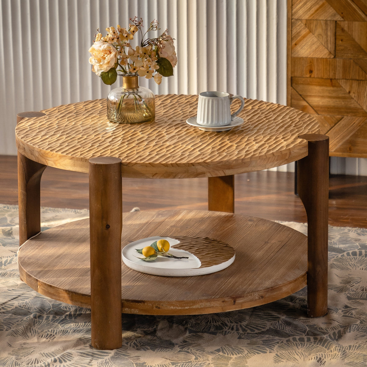 Natural Textured-Top Round Coffee Table with Shelf, 34.7 in