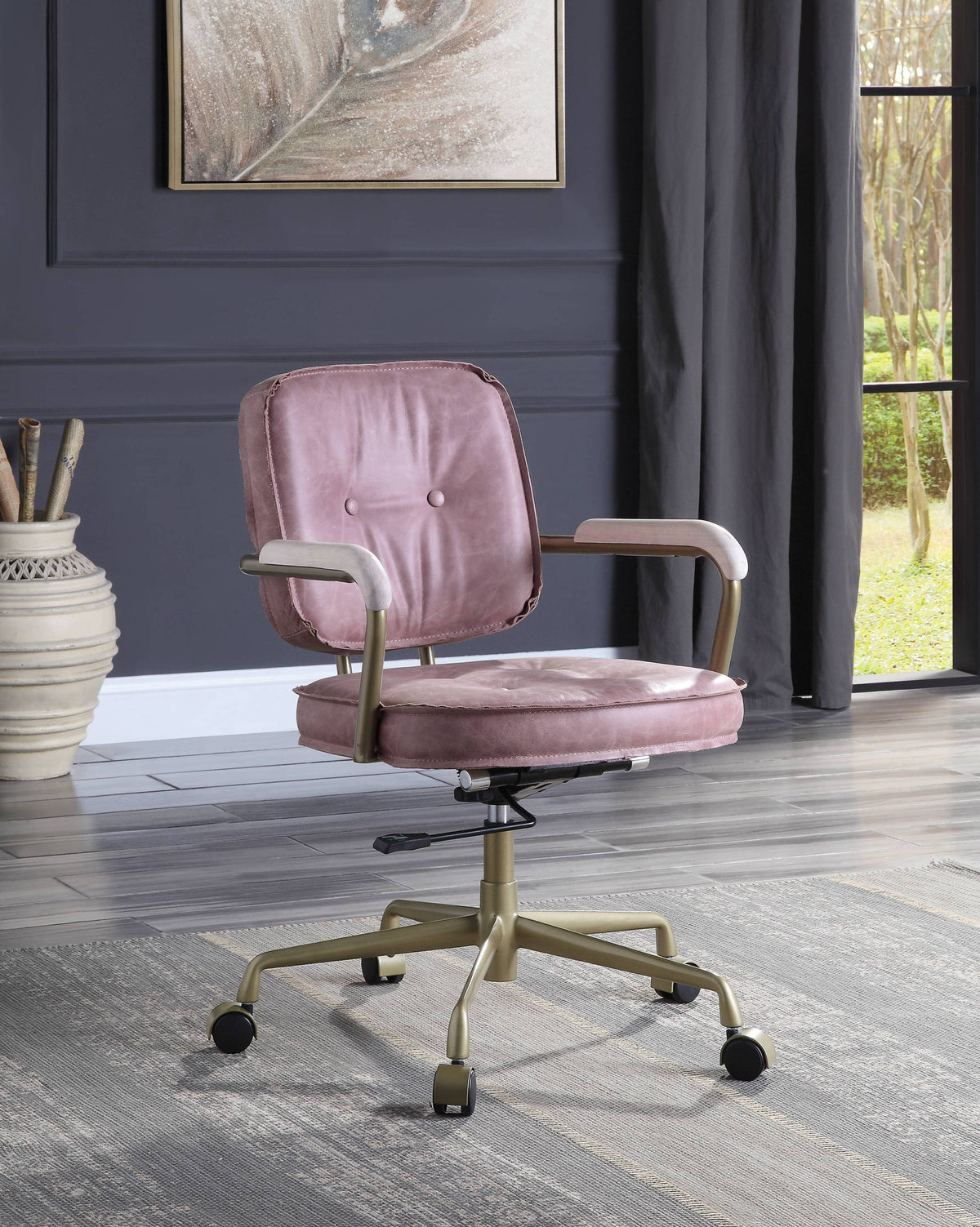 Pink Top Grain Leather Office Chair, Height Adjustable