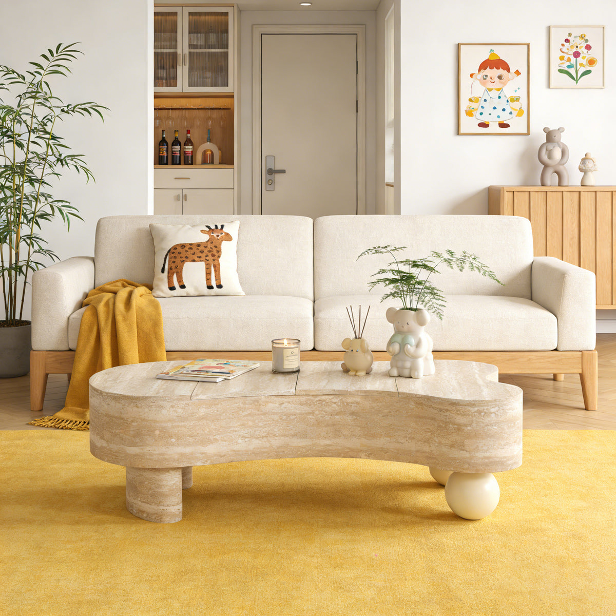 Beige Travertine-Look Irregular Coffee Table with Storage, 47.2 in