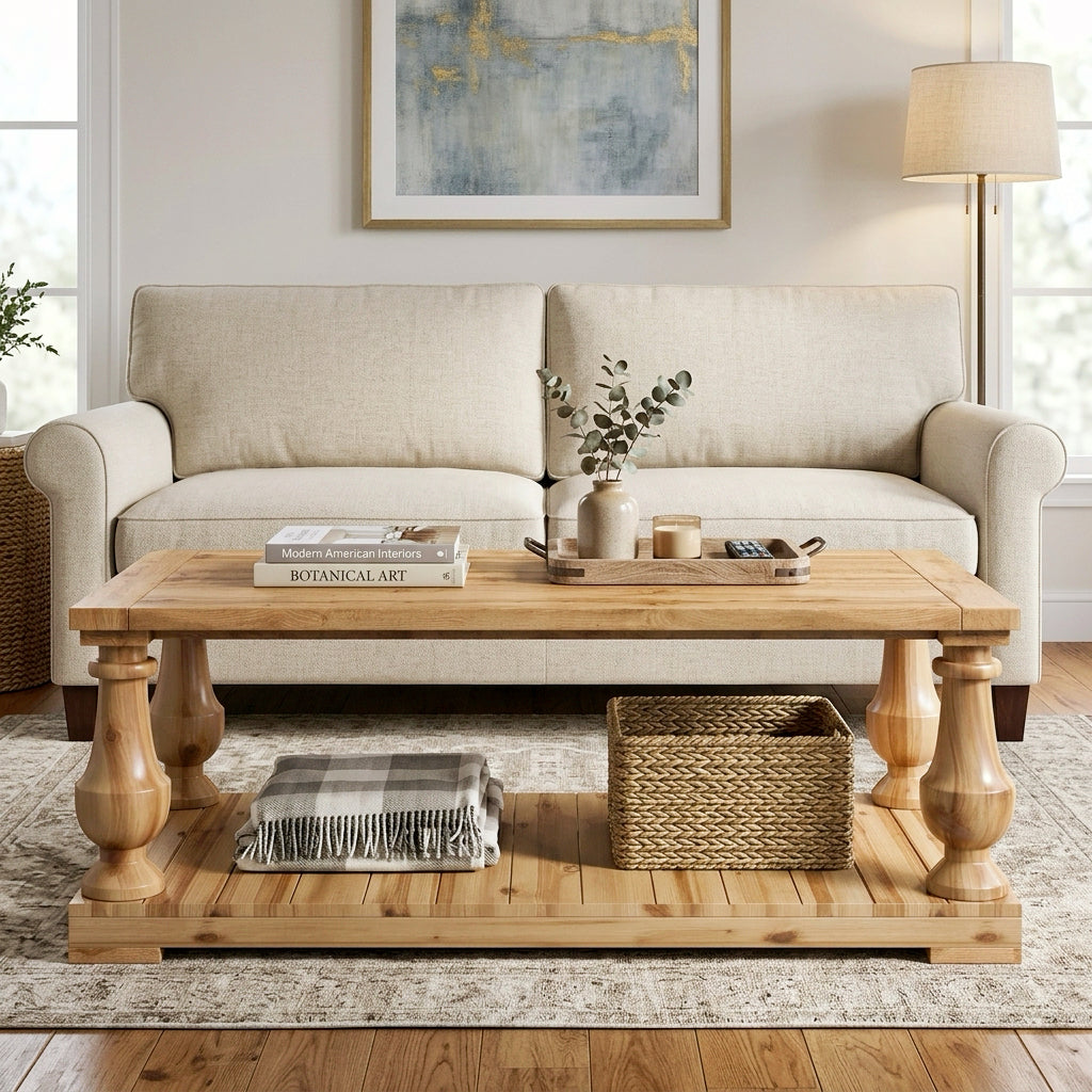 Natural Solid Wood Farmhouse Coffee Table with Shelf, 42 in