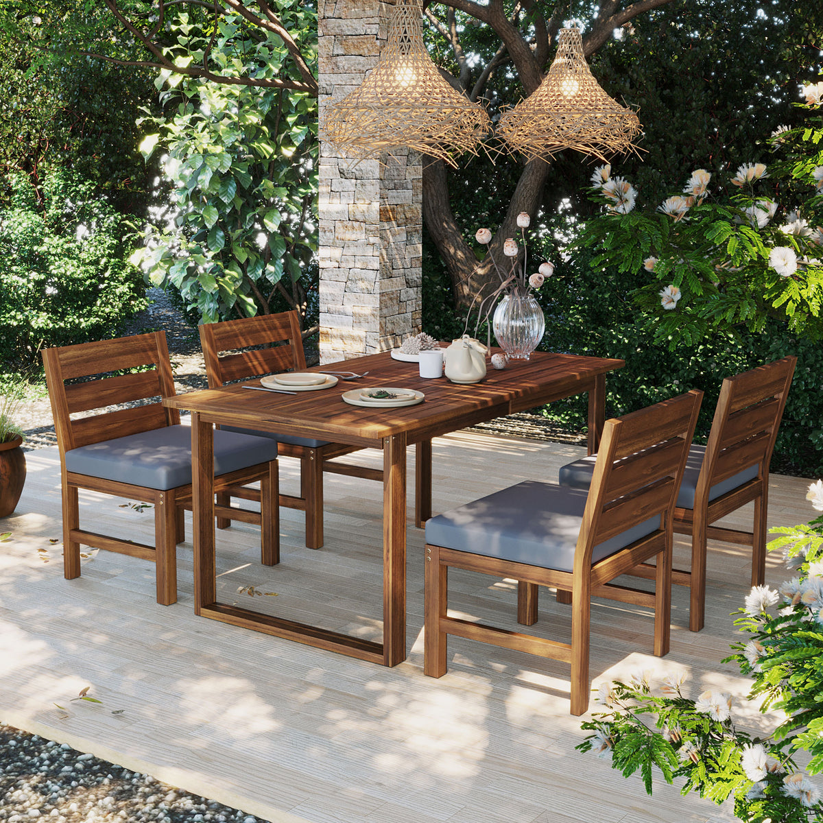 Brown Solid Wood 5-Piece Patio Dining Set for 4 with Cushions