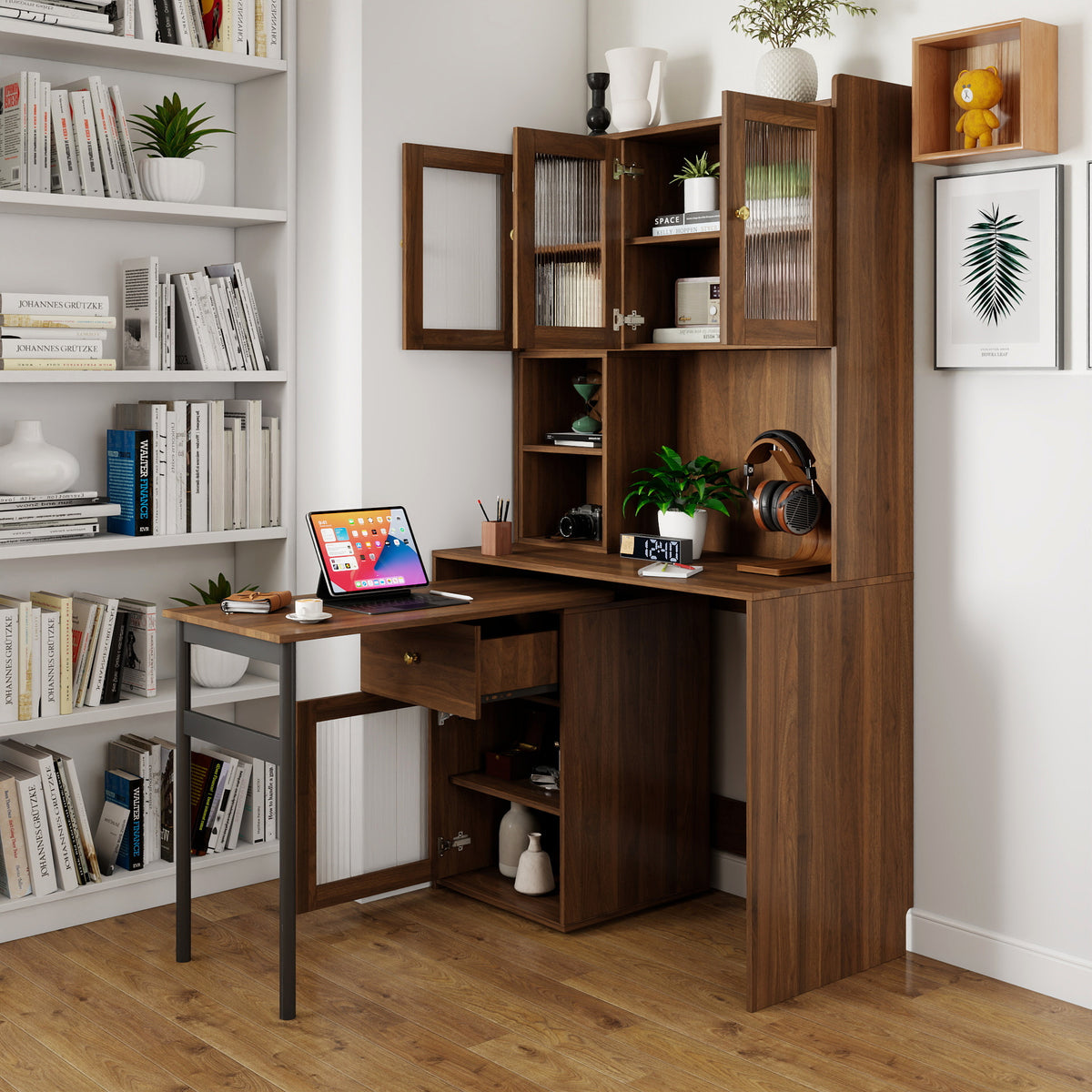 Computer Desk with Hutch, Glass Doors, 1 Drawer, Walnut