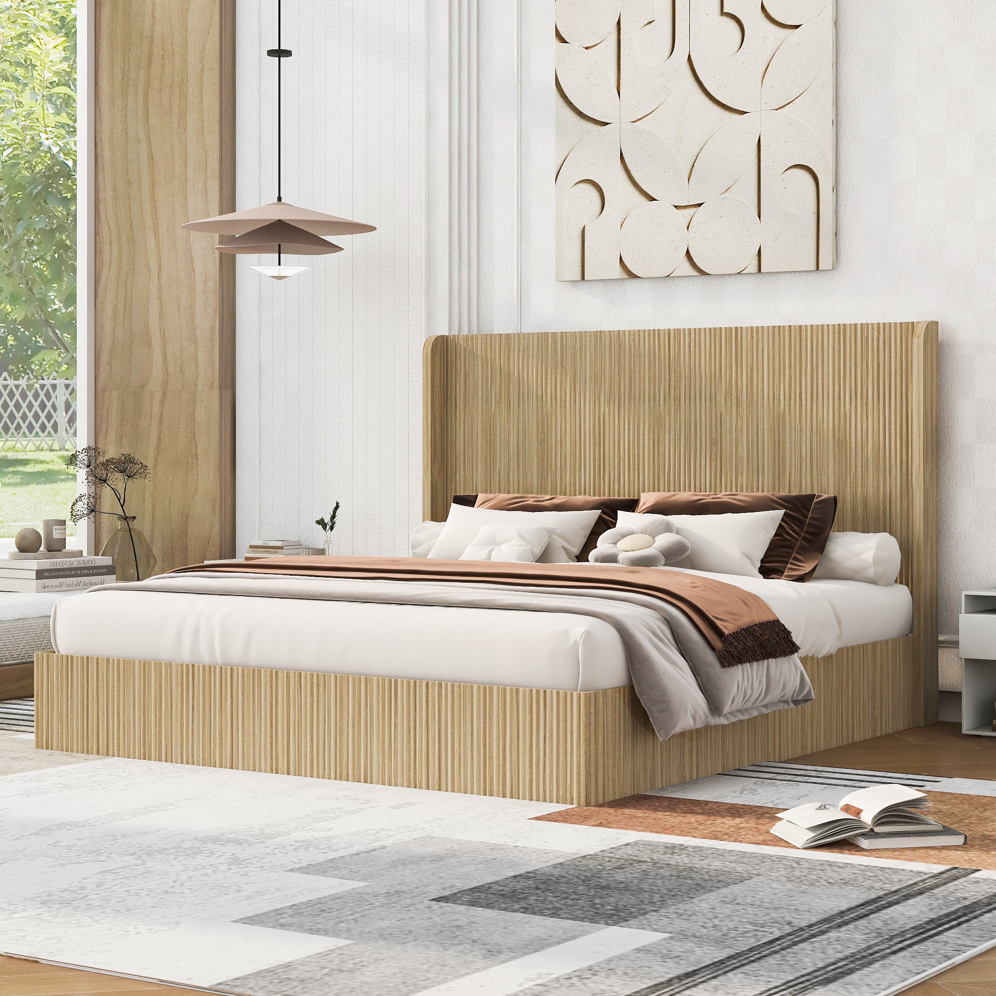 Angled view of natural wood king bed frame with pendant light and rug