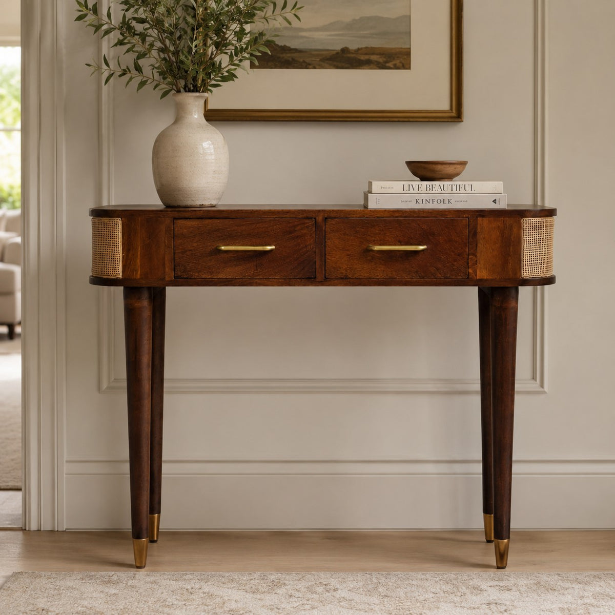 Brown Solid Wood Console Table, 2 Drawers, 36 in Wide
