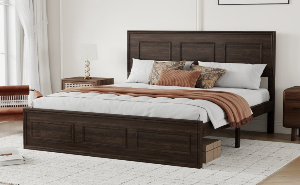 Angled view of rich brown wood queen bed with rust throw between two nightstands