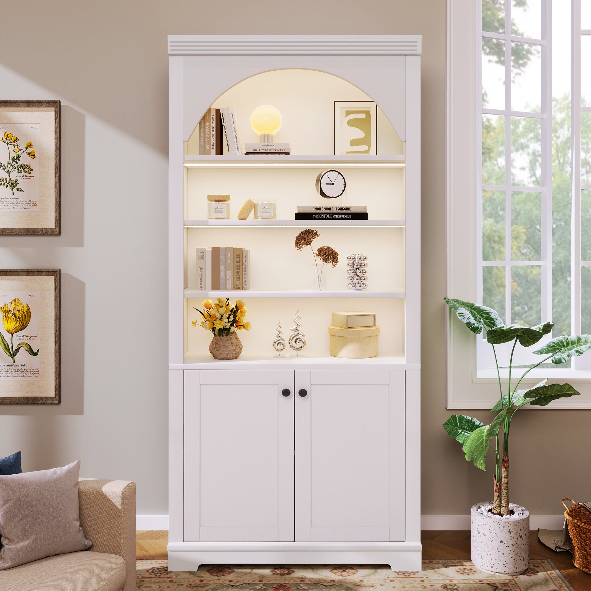 Modern Bookcase, 2 Doors, LED Lighting, 70.8 in Tall, White
