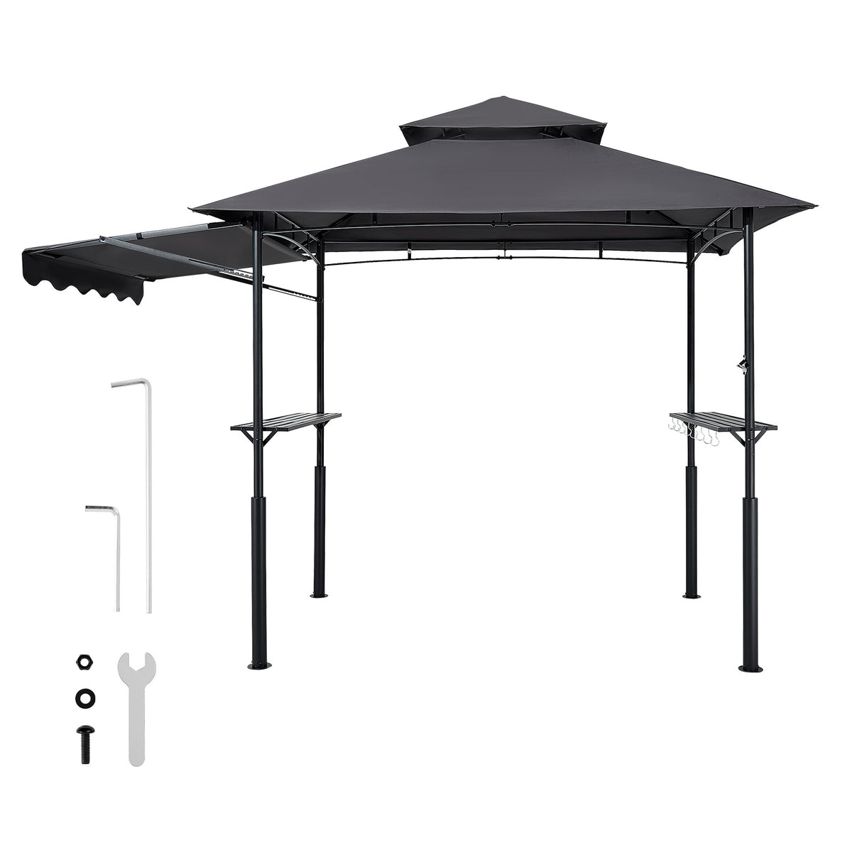 5x8 ft Dark Gray Metal Gazebo with Side Shelves