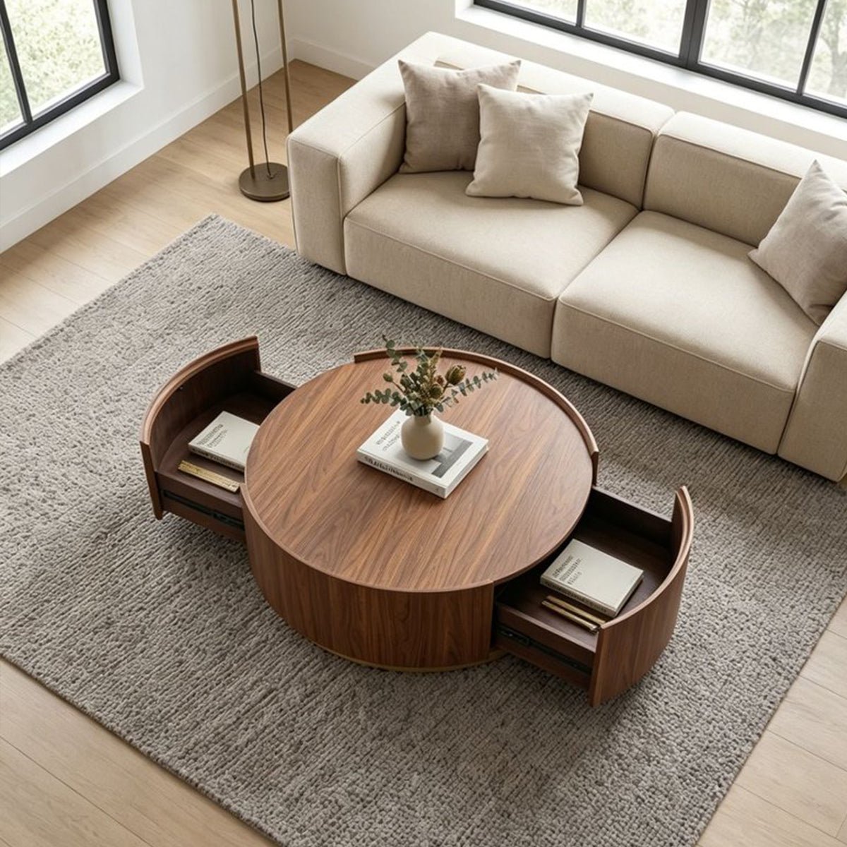 Walnut Round Drum Coffee Table with Storage Drawers, 39.4 in