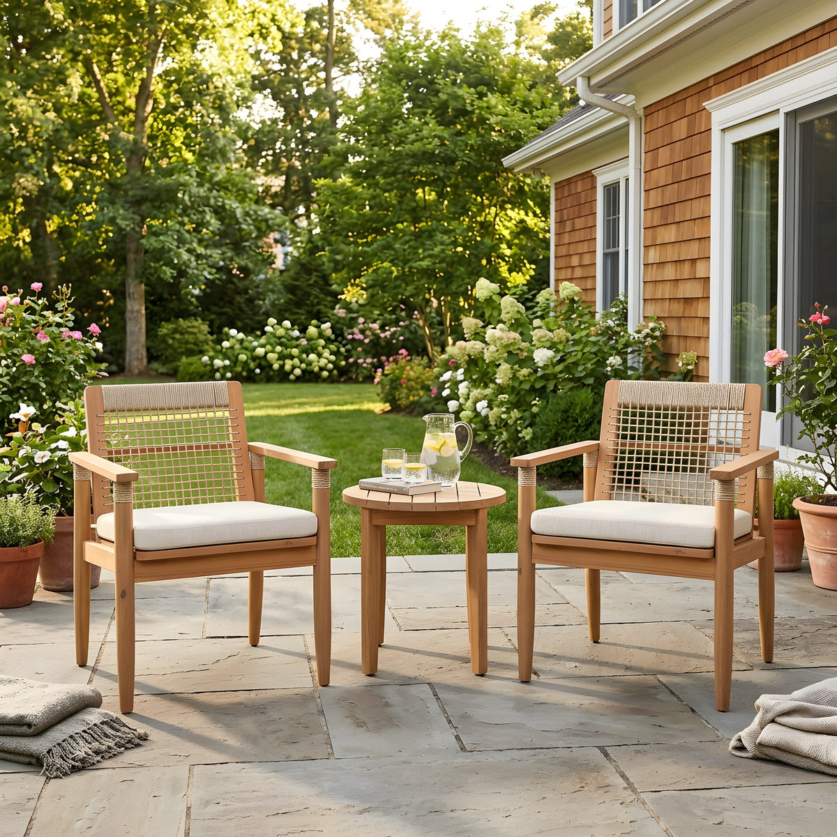 Teak Finish Solid Wood Outdoor Dining Chair, Set of 2, with Arms, Beige Cushion