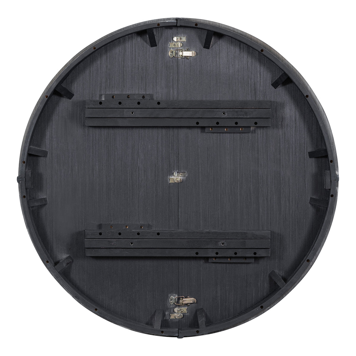 Underside of the round tabletop showing extension slide rails and metal latches