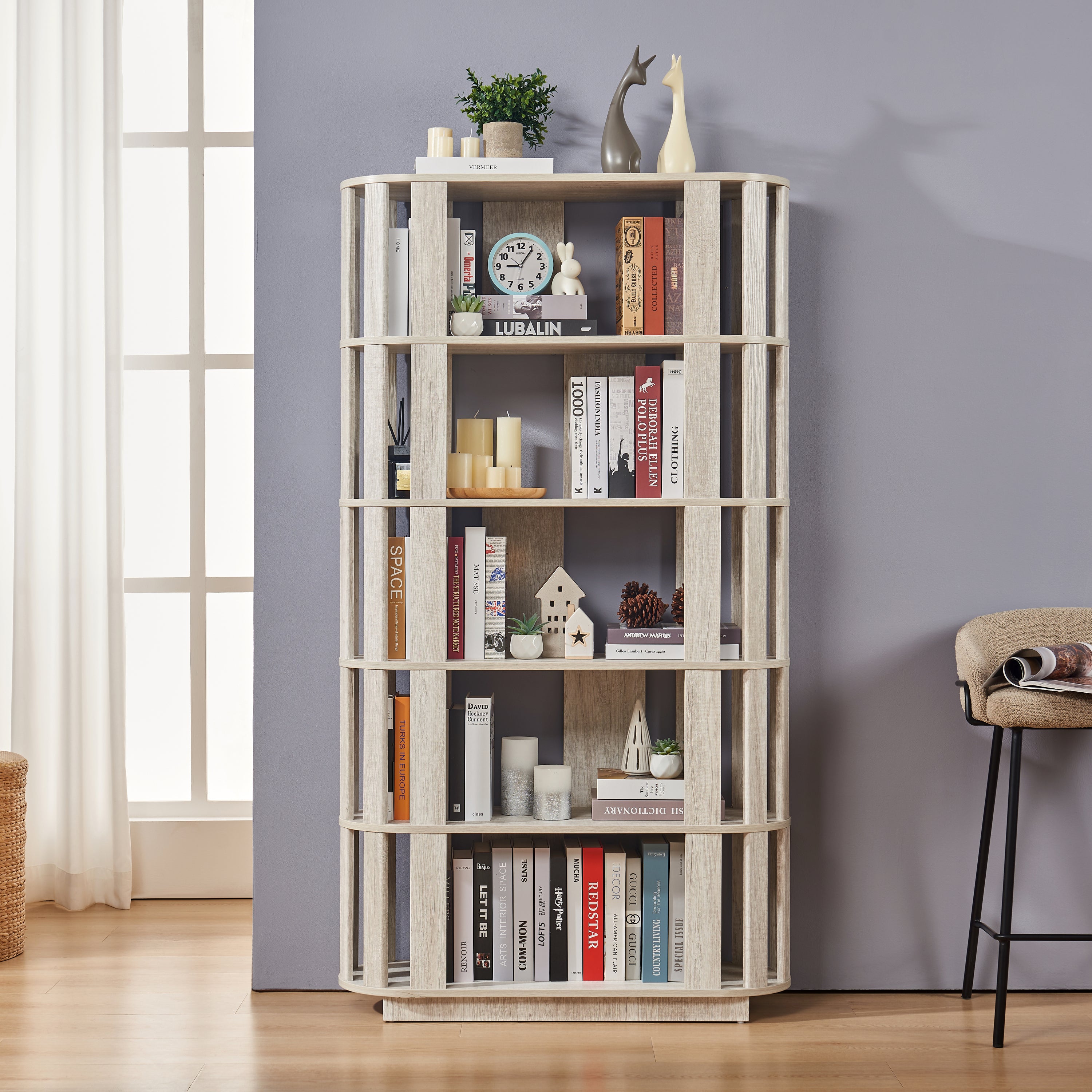 Minimalist Storage Cabinet, 5 Shelves, 64.6 in Tall, Light Gray