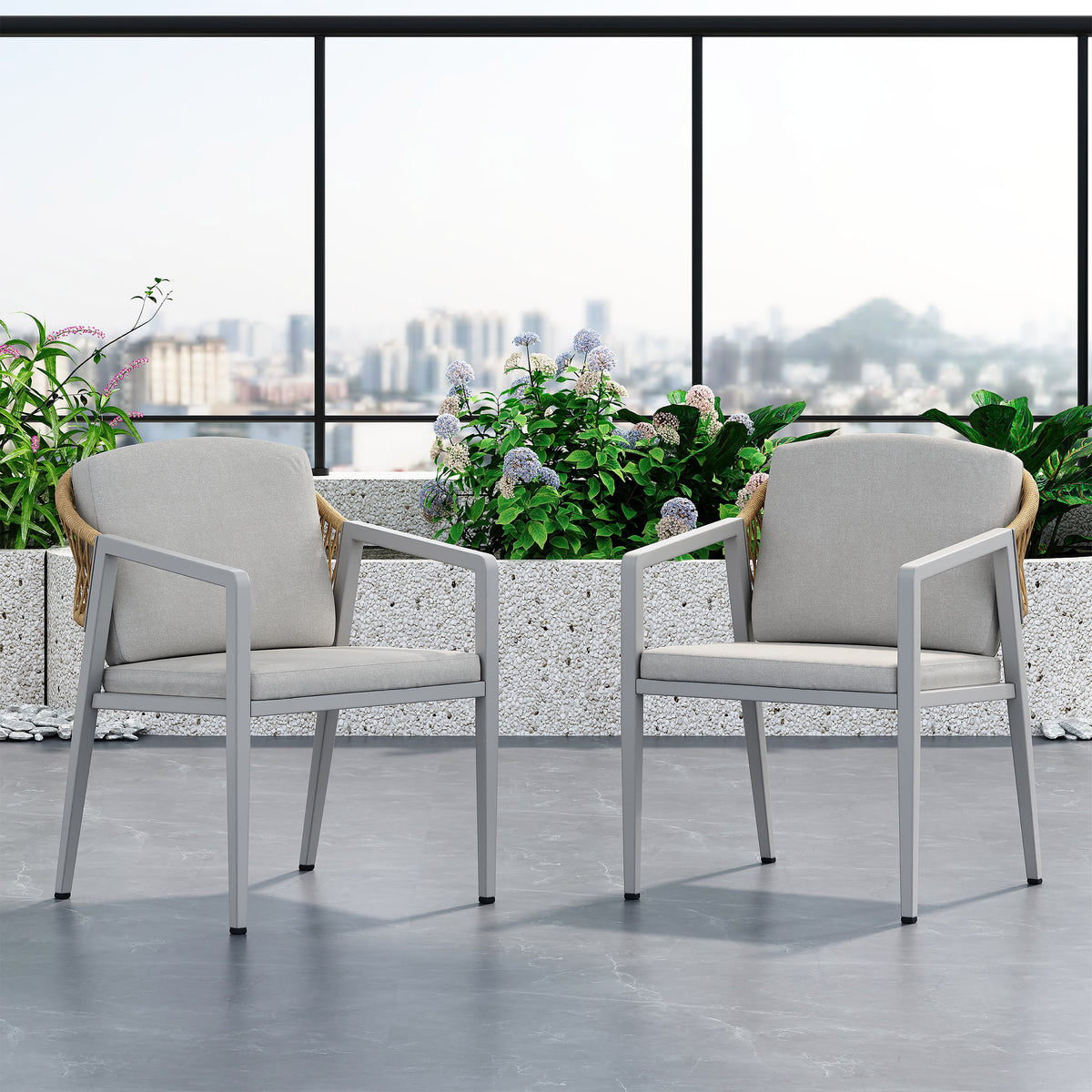 Gray Wicker Outdoor Dining Chair, Set of 2, with Arms
