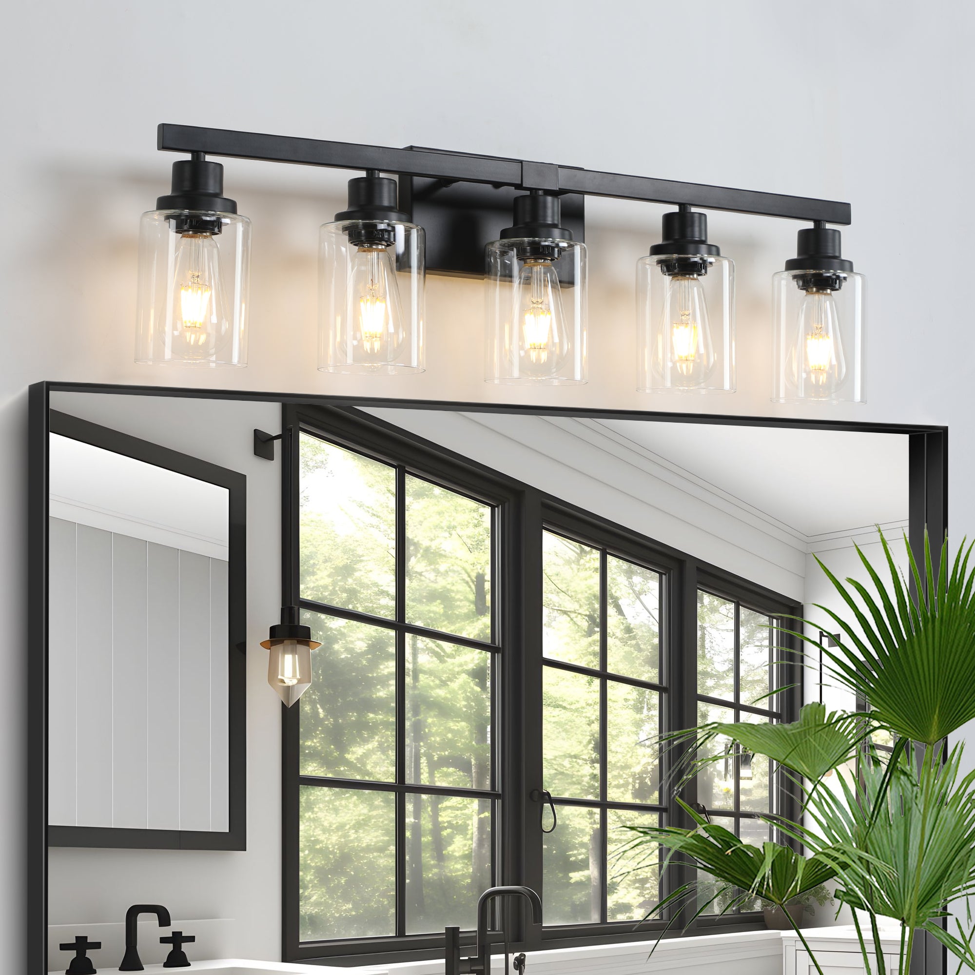 Vanity Light, 5-Light Clear Glass Shade, Black